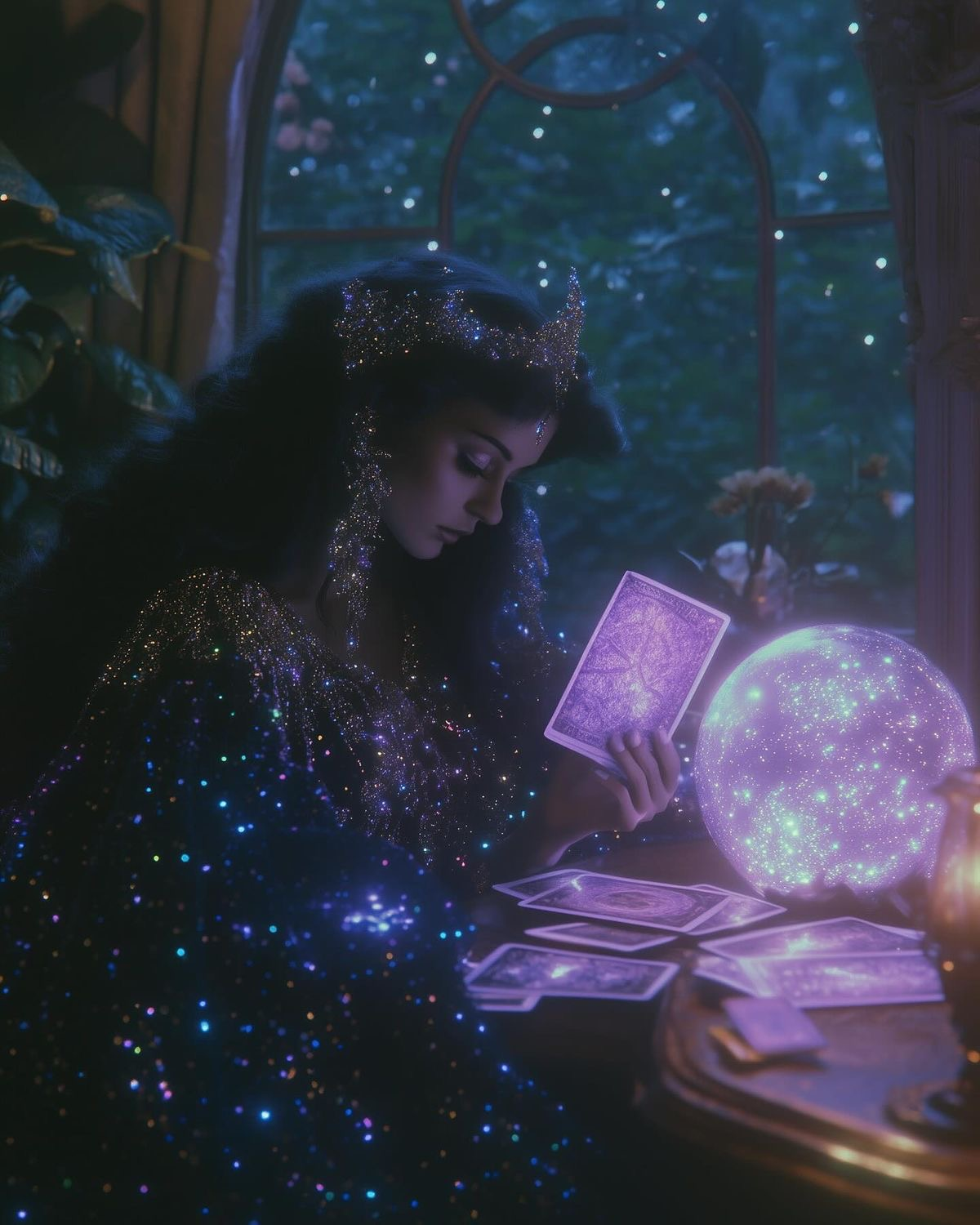 Meg reading oracle cards by candlelight in a darkened room