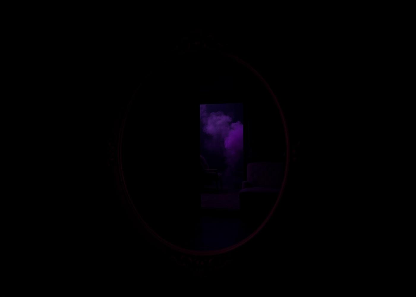 An antique mirror holding violet smoke in a dark room