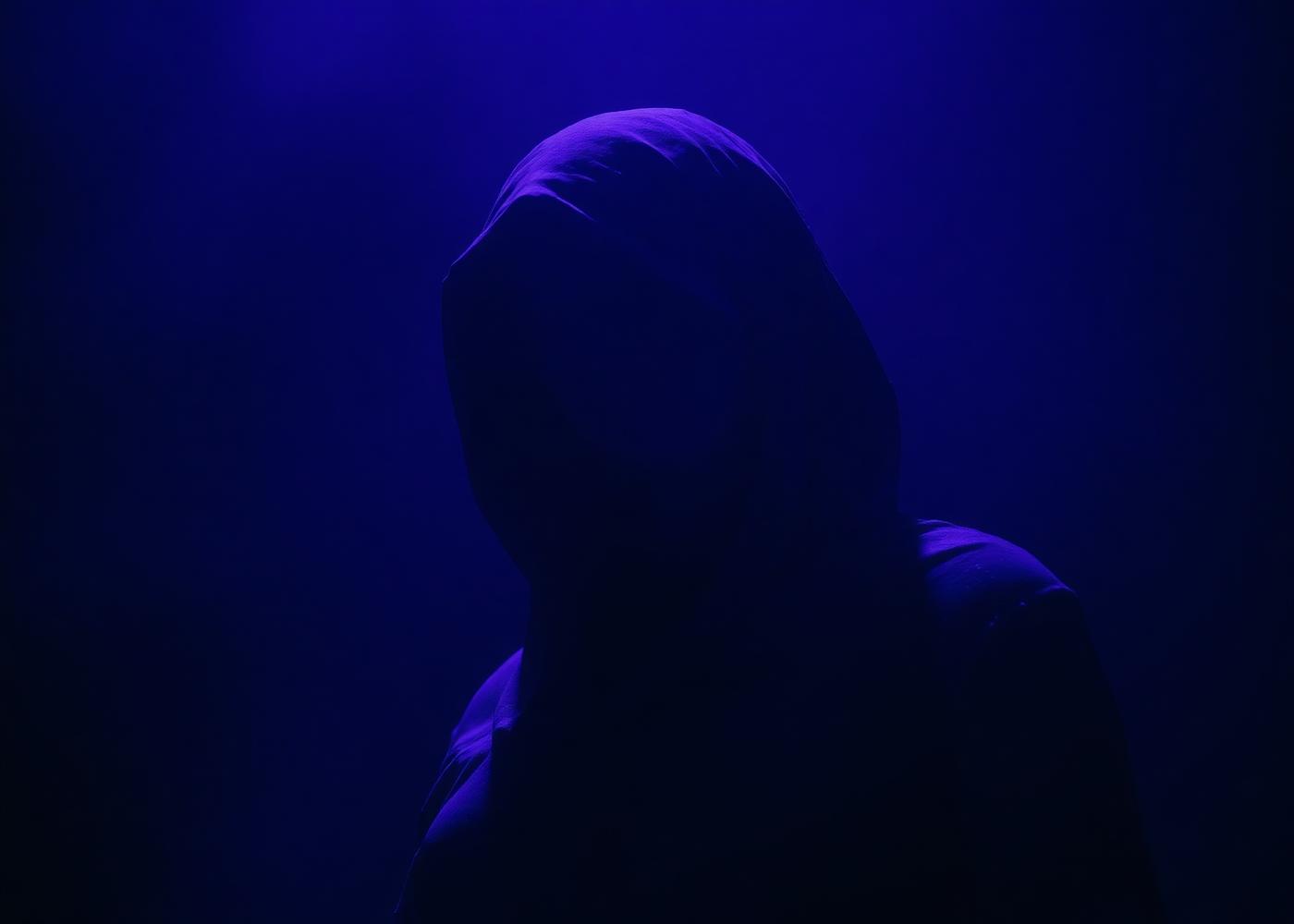 A veiled feminine figure lit in deep violet shadow, representing a deity connection session